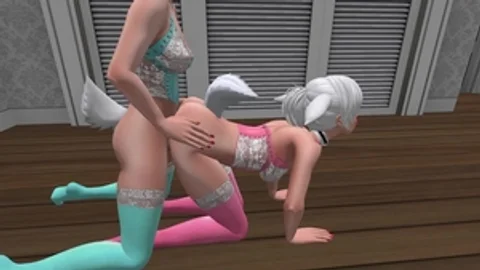two Bunny cuties In Bright Colored nylons & lingerie doggy style Sex - SL anime Furry