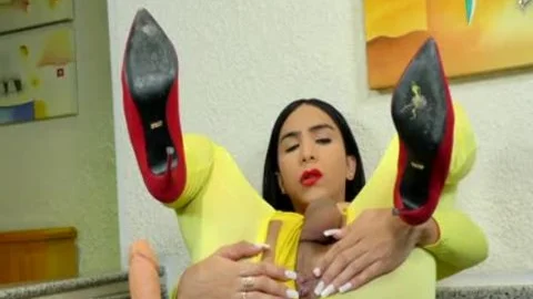TS Yasmin Dornelles Milks each Drop Out Of Her enormous Shaft whilst Riding dildo